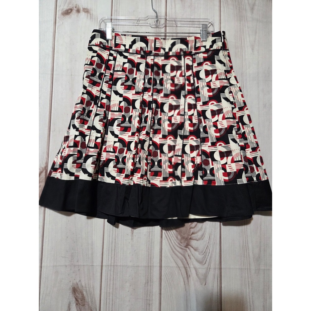Ann Taylor Geometric Print Pleated A-Line Skirt Red Black Ivory Cotton Size‎ 10